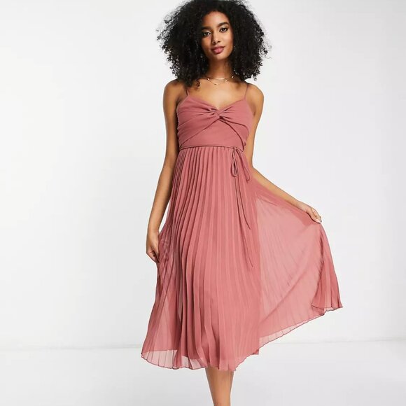 ASOS DESIGN twist front pleated cami midi dress with belt in rose pink - Picture 1 of 4